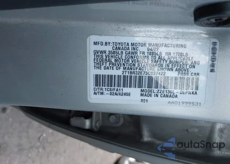 2003 Toyota Corolla Le из США, поврежденный, VIN 2T1BR32E73C037422